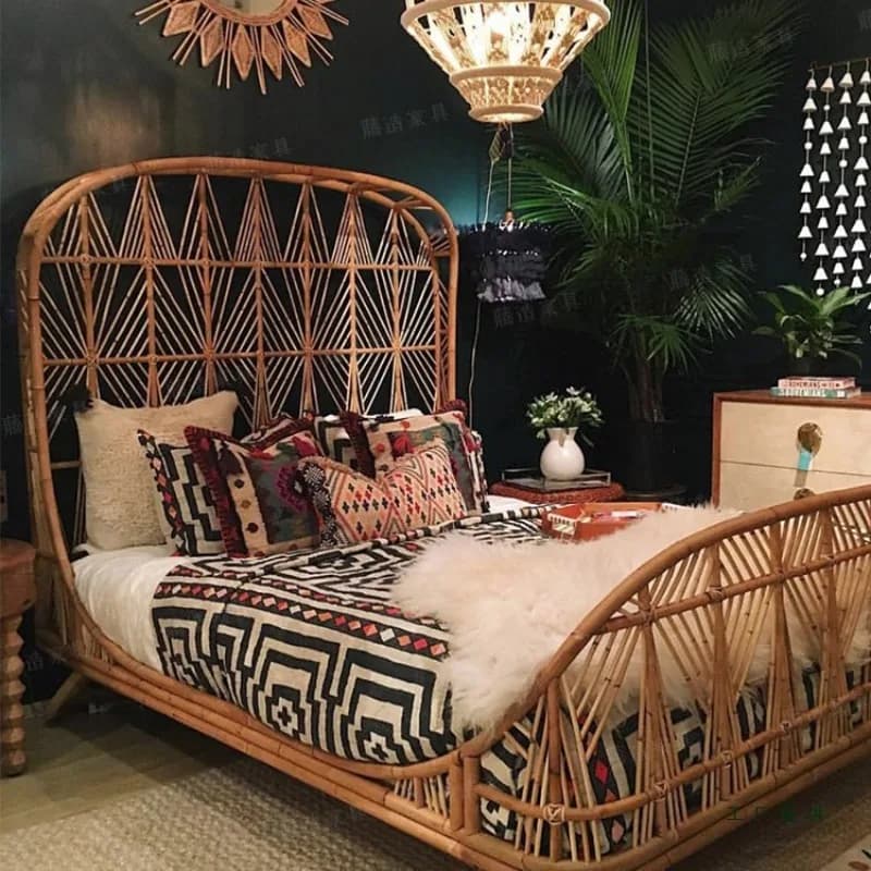 Rattan woven 1.5m double bed, furnished with rattan art 1.8 bedroom, homestay rattan wood bed inn