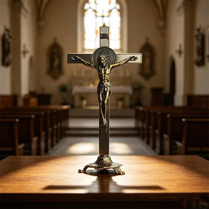 New Bronze Tone Standing Crucifix with Saint Benedict Medal, Perfect Religious Gift for Catholic Christian Home Altar Use Gift