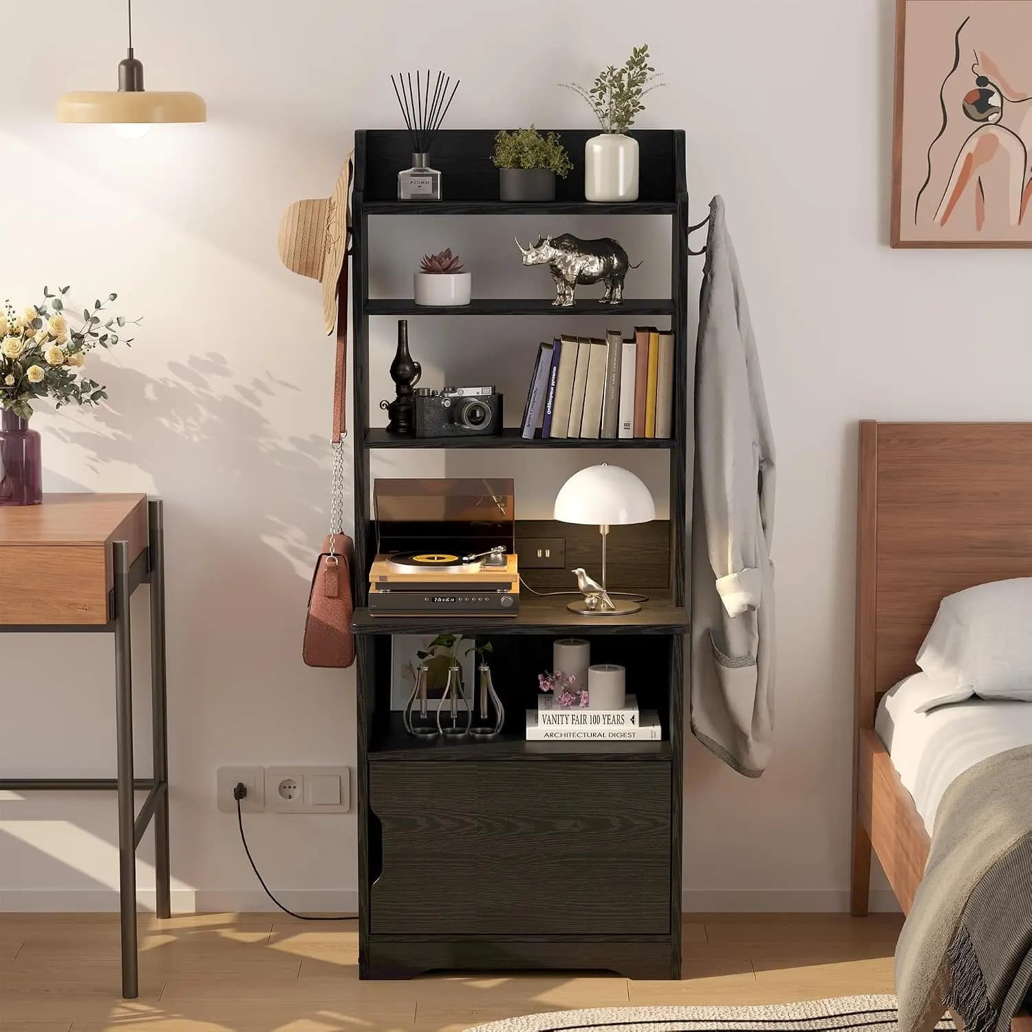 Nightstand, 55" Tall End Side Table with Charging Station and Storage Cabinet, Small Bookshelf, for Living Room, Customized