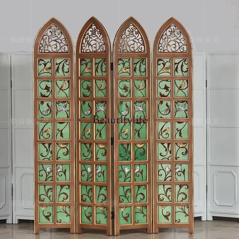 3American rural flower and bird painted folding screen retro green living room blocking glass partition screen four screens