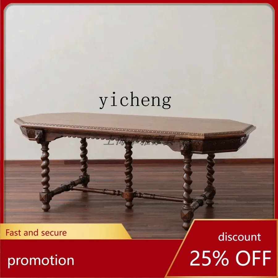 CZ  European Retro Solid Wood Carved Vintage Long Dining Table Antique Style Household Dining Table