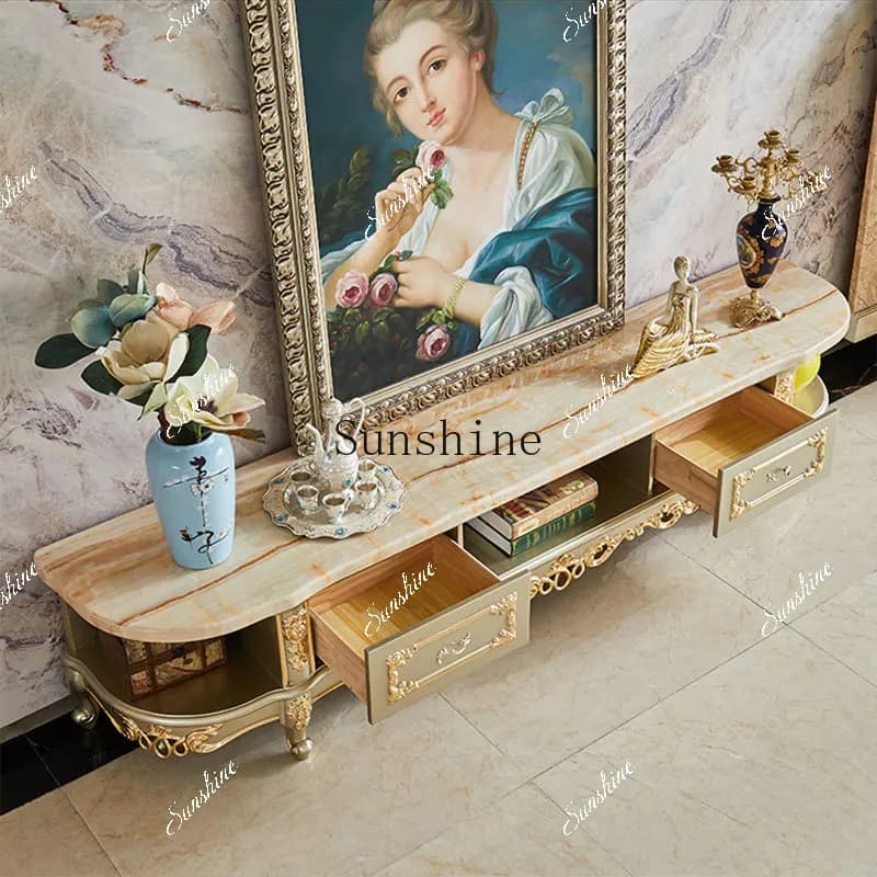 European marble TV cabinet coffee table combination villa living room solid wood size apartment  FT