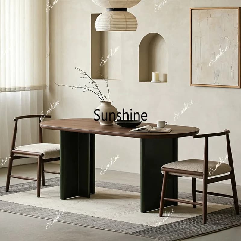 Retro solid wood dining table, household oval dining table