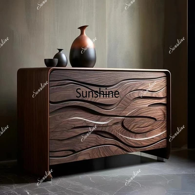 Nordic Retro Black Walnut Solid Wood Entrance Cabinet Designer Model Creative Upscale Sideboard Cabinet