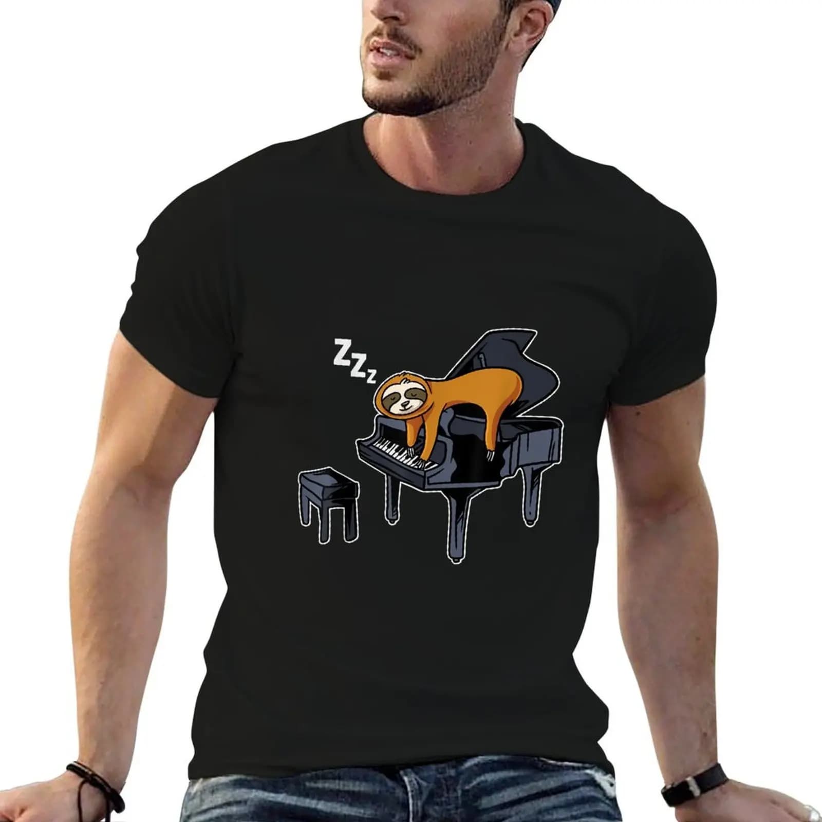 Sleeping Sloth Playing Piano Player Lazy Animal Pianist T-Shirt tops Funny t-shirts tshirts for men