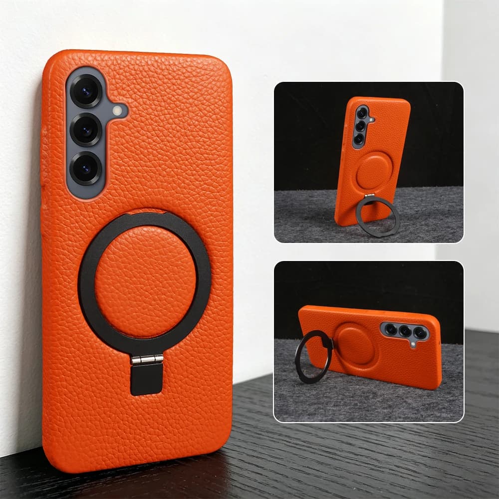 For Magsafe Genuine Leather Case for Samsung Galaxy S26 Plus S24 FE S25 Edge S23 Ultra Phone Case Cover Magnetic Bracket Stand