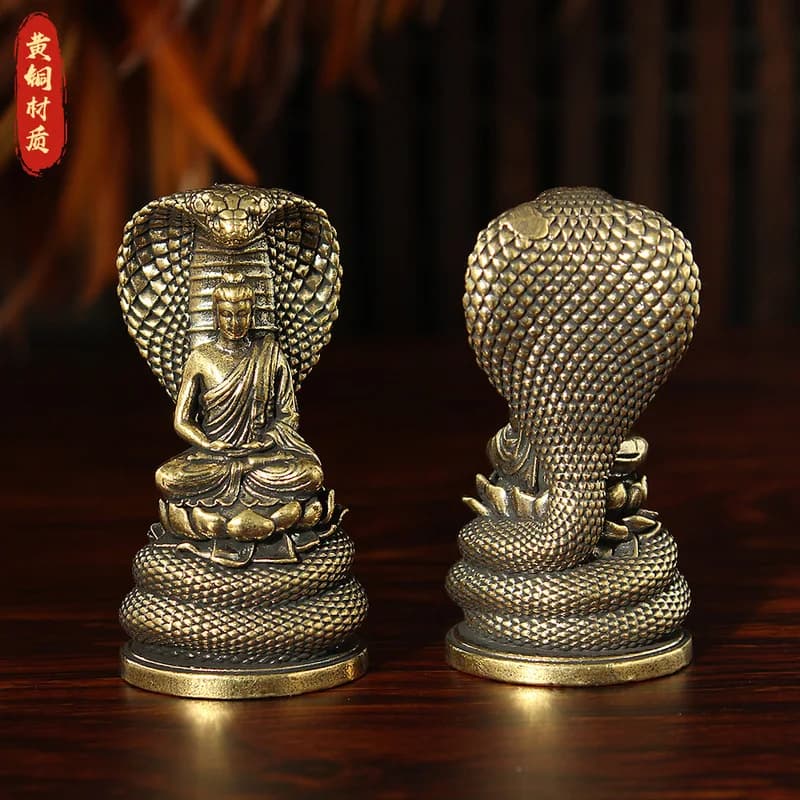 Brass Naga Statue, Retro Chinese Style Snake Guardian Buddha Figurine, Altar Decoration