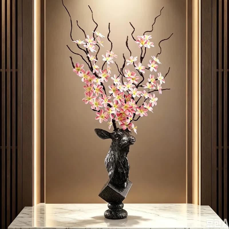 Luxury Deer Head Vase Ornament,Artificial Flowers Ceramic Sculpture,Living Room Entrance Partition,Desktop Orchid Decoration
