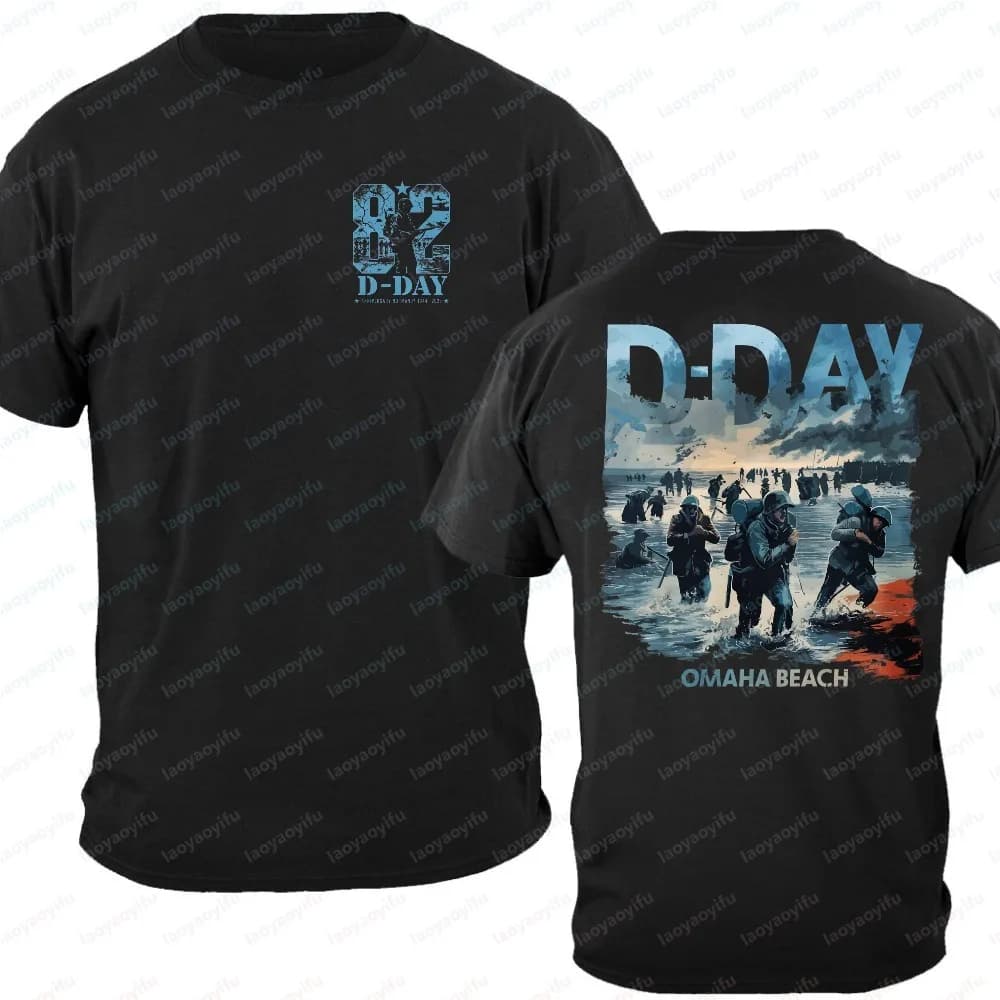82nd Anniversary D-Day Normandy Landing 2026 T-Shirt Men's Omaha Beach WWII Historical Battlefield Double-Sided Print Cotton Top