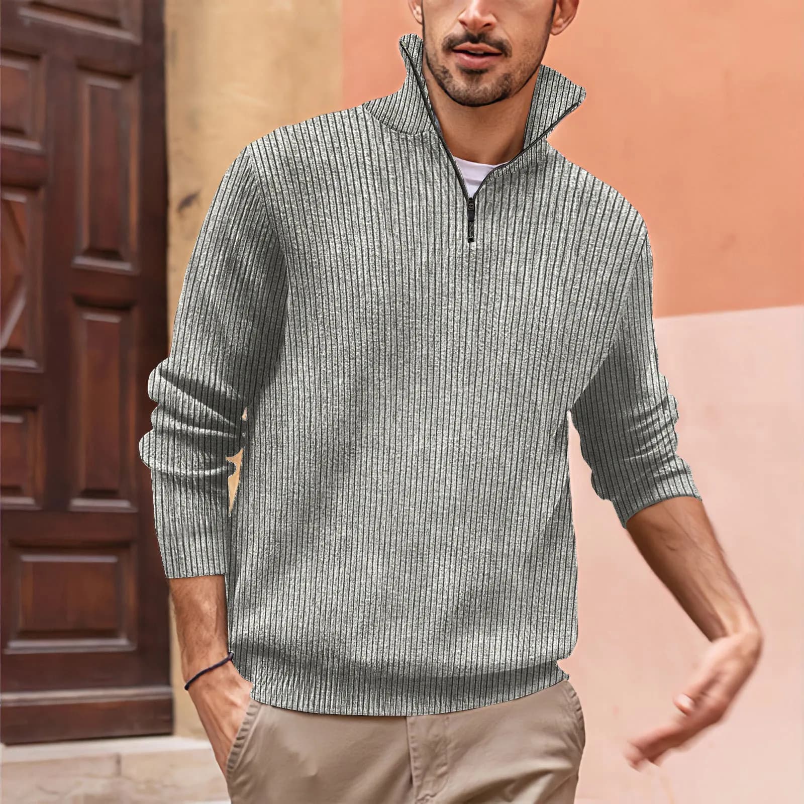Autumn Men's Half Zip Up POLO shirts Slim Fit Lightweight Outdoor Mock Neck T-shirt Half Turtleneck Vertical stripes Streetwear