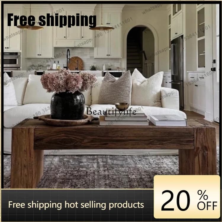 HJ Wabi Sandy Wind Solid Wood Coffee Table Household Small Apartment Designer Homestay Long Wood Coffee Table