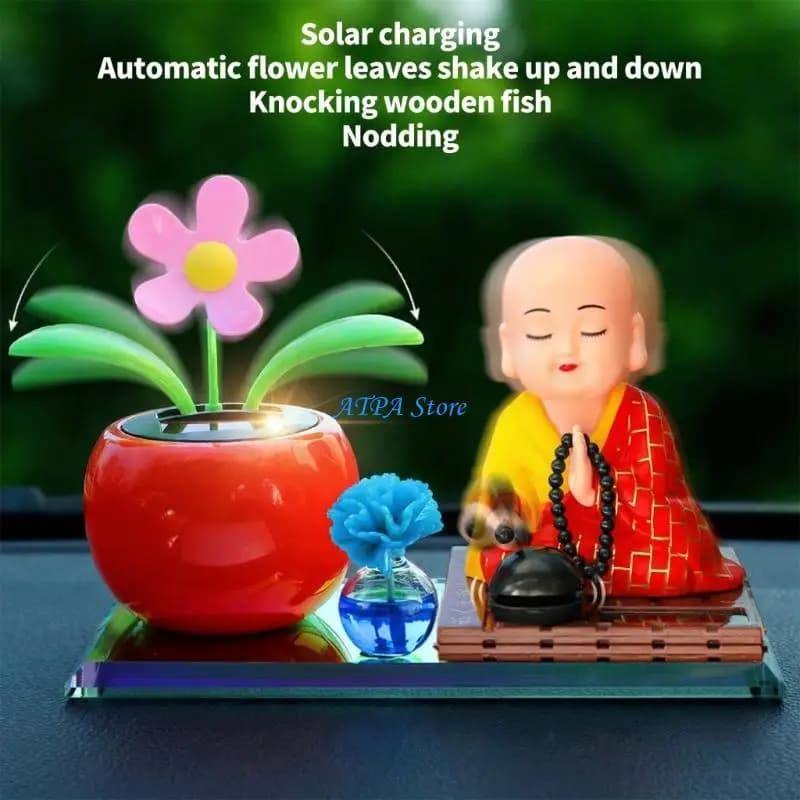 U13C Solar Car Dashboard Ornament Little Monk Figurine Automatic Swaying Flower Toy