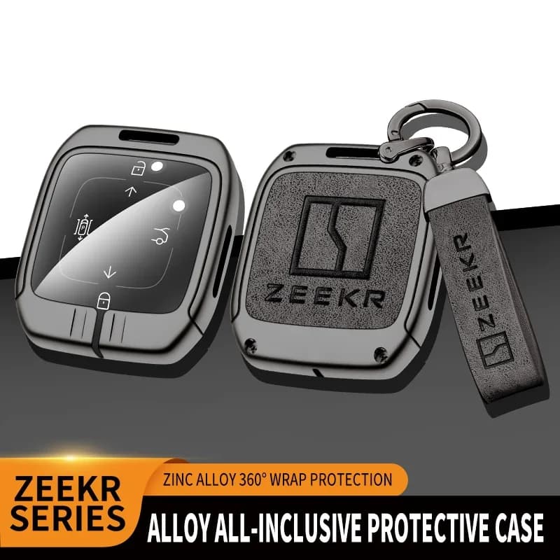 NFC Smart Key Fob Protector Zinc Alloy Leather Full Wrap Key Cover With Key Chain Anti‑Scratch Car Accessories For ZEEKR 001 007