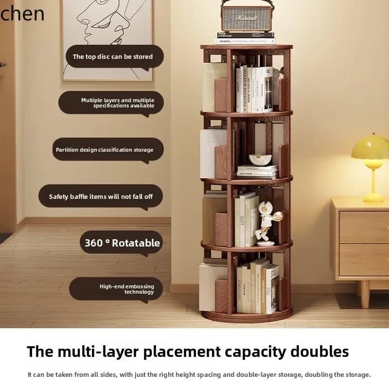 HT solid wood rotating bookshelf 360 degree bookcase walnut storage household living room corner floor shelf