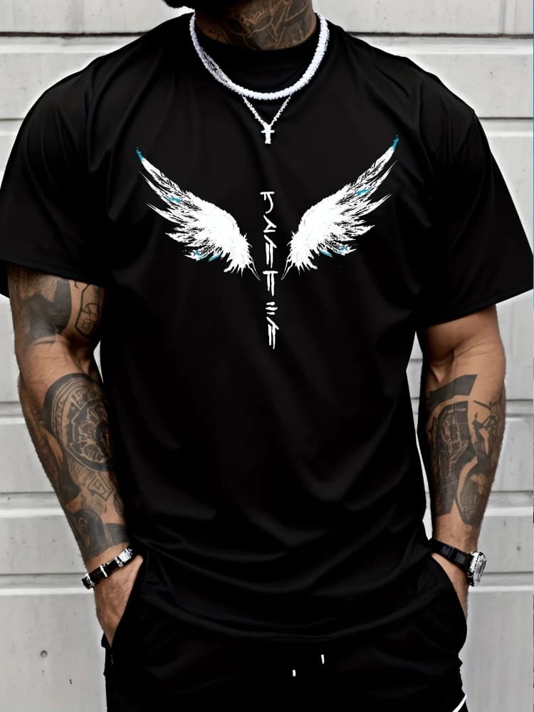 Angel wings Japanese two-color printed pattern -100% cotton summer short-sleeved O-neck men's printed T-shirt.
