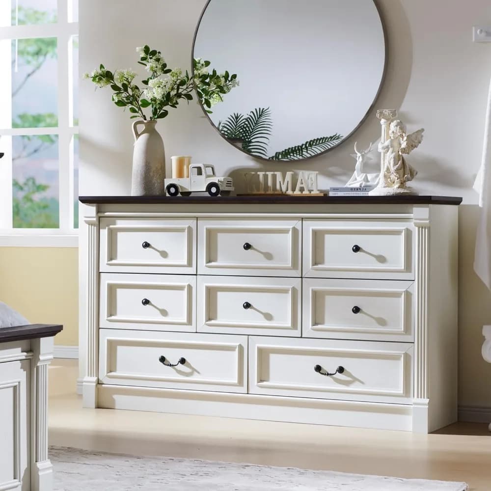 61" Wide Large Dressers & Chests of Drawers w/Roman Column, Storage Dressers Organizer for Bedroom