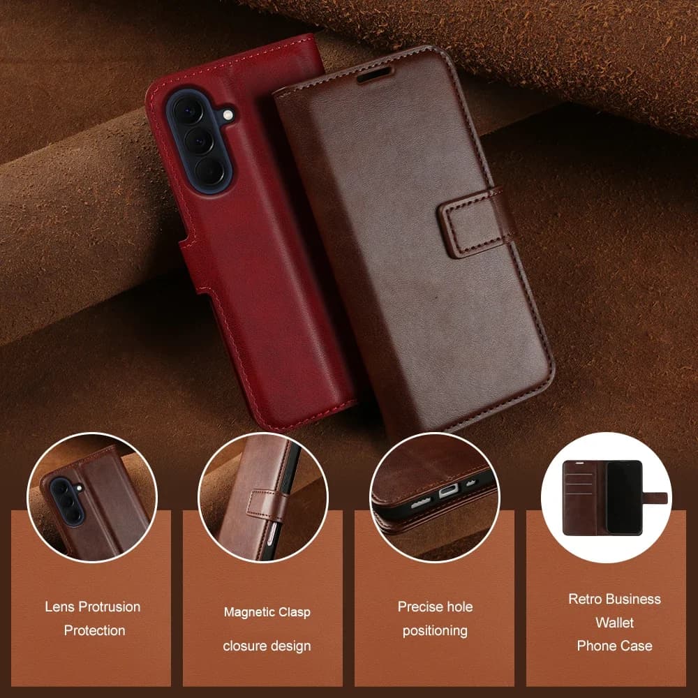 Luxury Calf Leather Flip Cover Case For Samsung Galaxy A27 A57 A37 A17 A26 A36 A55 A07 4G A35 A16 M36 S25 FE S26 Plus Phone Case