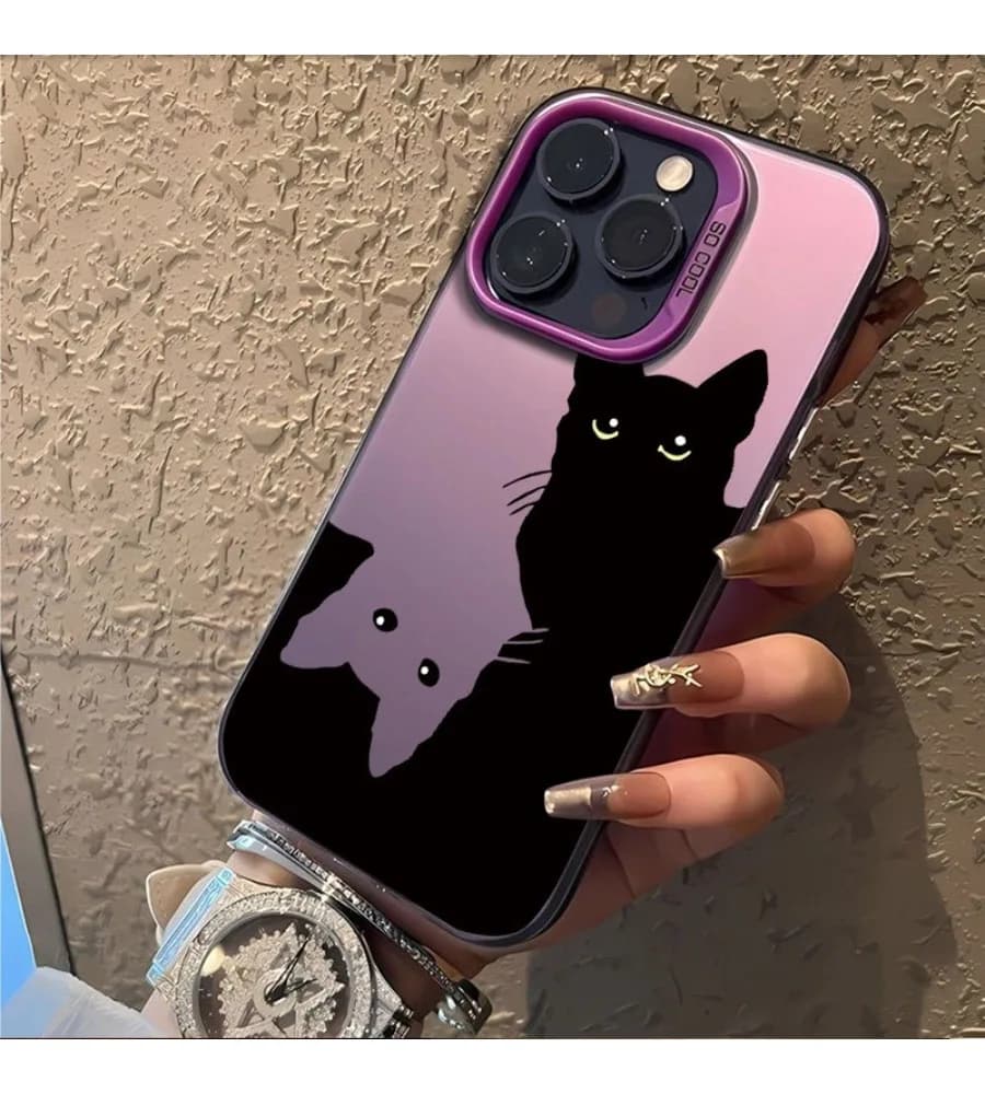 Couple Black White Peeking Cat Large Window Phone Case For iPhone 13 14 15 16 17 Pro Max Soft Shockproof Cover