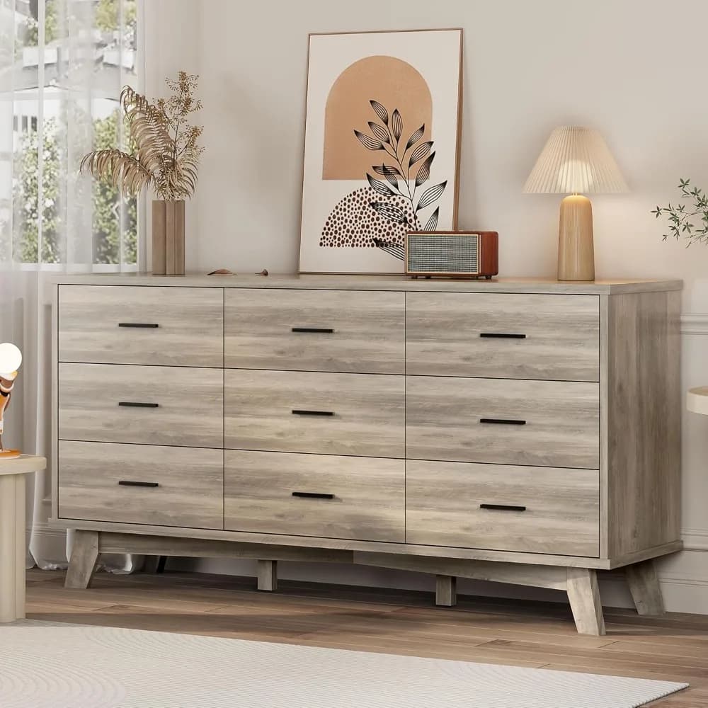 Dresser for Bedroom, 9 Drawer Wide Modern Chest of Drawers with X-Shaped Sturdy Base, Wood Double Dresser Closet Clothes Storage