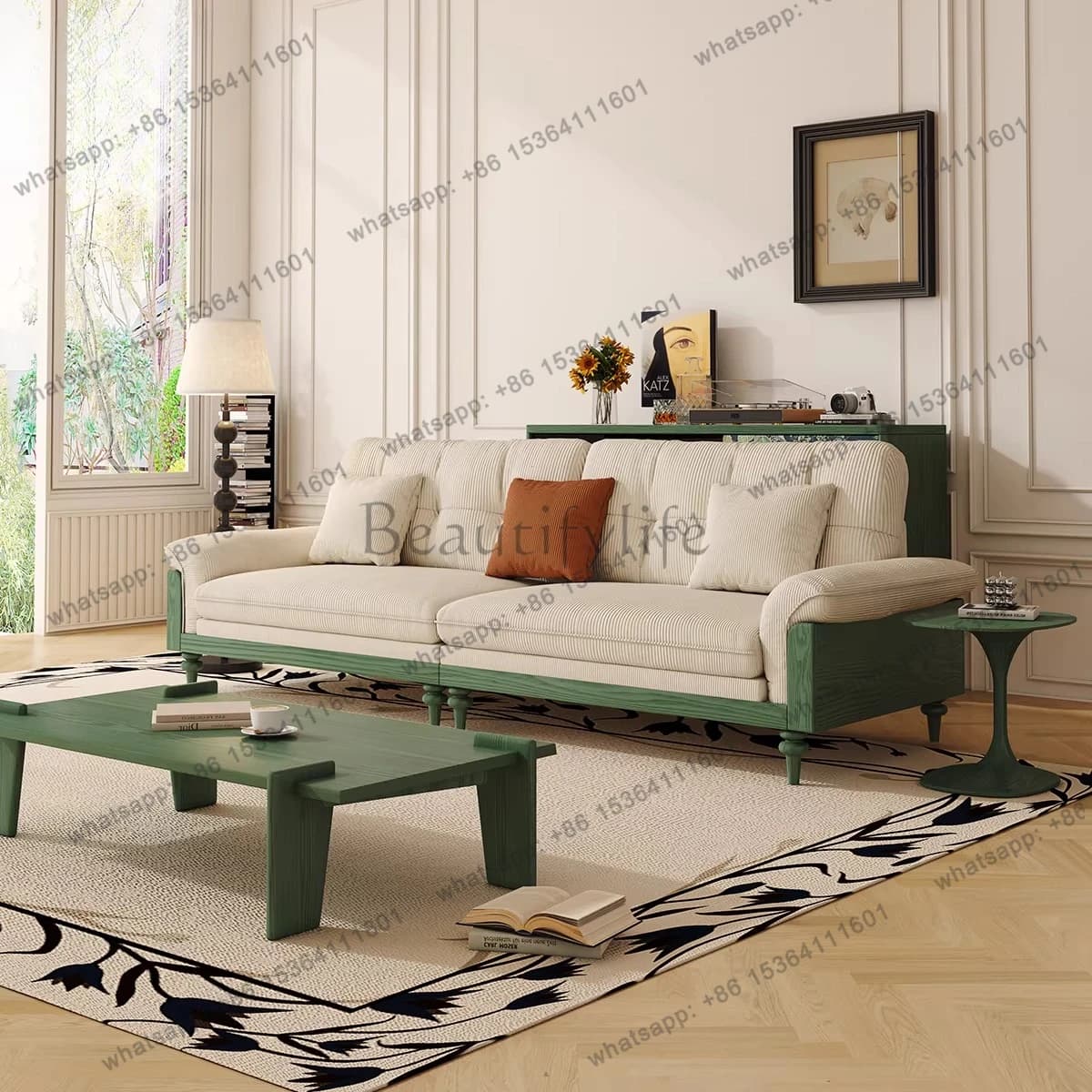 French retro solid wood sofa, medieval fabric sofa combination three-person small apartment American cloud