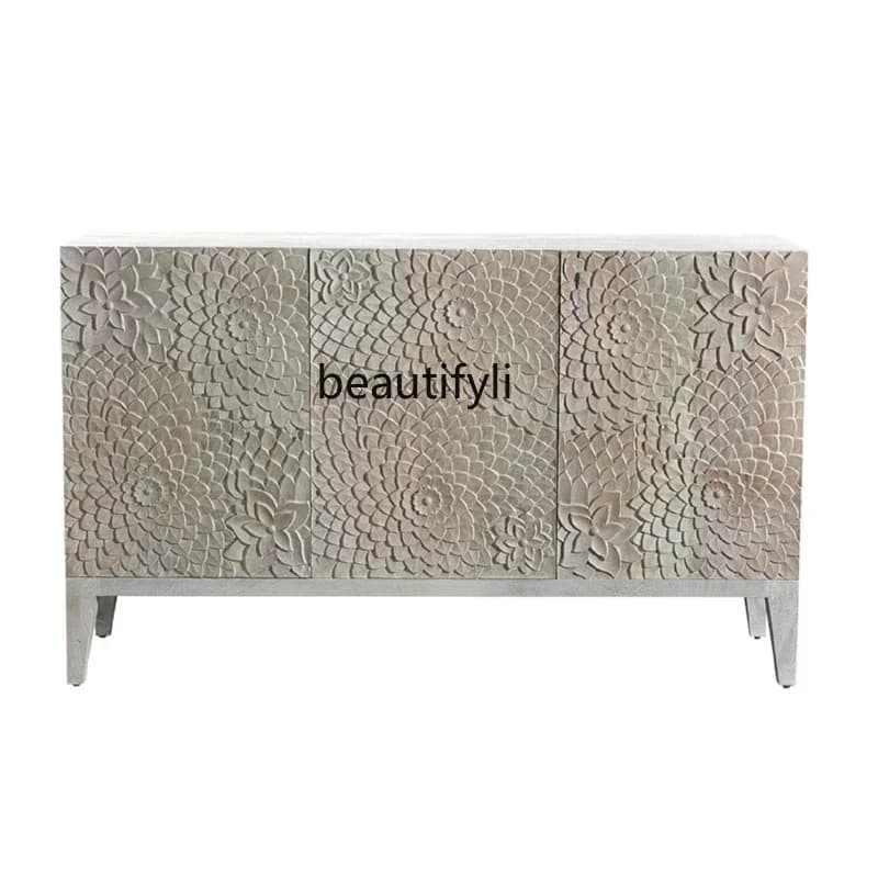 X Retro old dining side cabinet American solid wood carving flower entrance cabinet living room TV cabinet storage