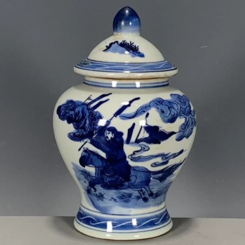 Antique ceramics Qing Qianlong blue and white figure patterns lid jar tea jar folk art collection modern exquisite crafts
