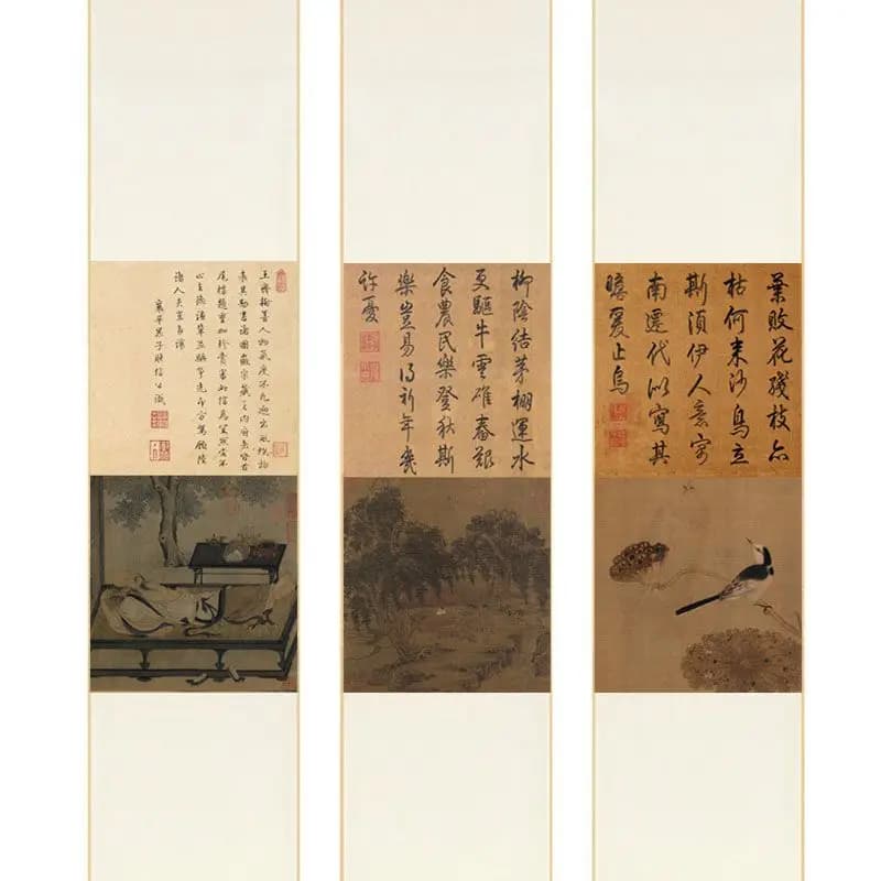 Chinese Vintage Scroll Art Print, Landscape Flower‑Bird Insect‑Fish Hanging Painting for Living Room Tea Room Wall Decor
