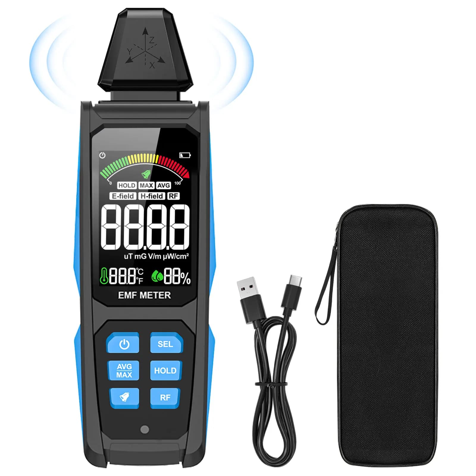 5-in-1 EMF Radiation Detector High Frequency RF Electric Field Magnetic Field Meter with VA Color Screen Alarm Rechargeable