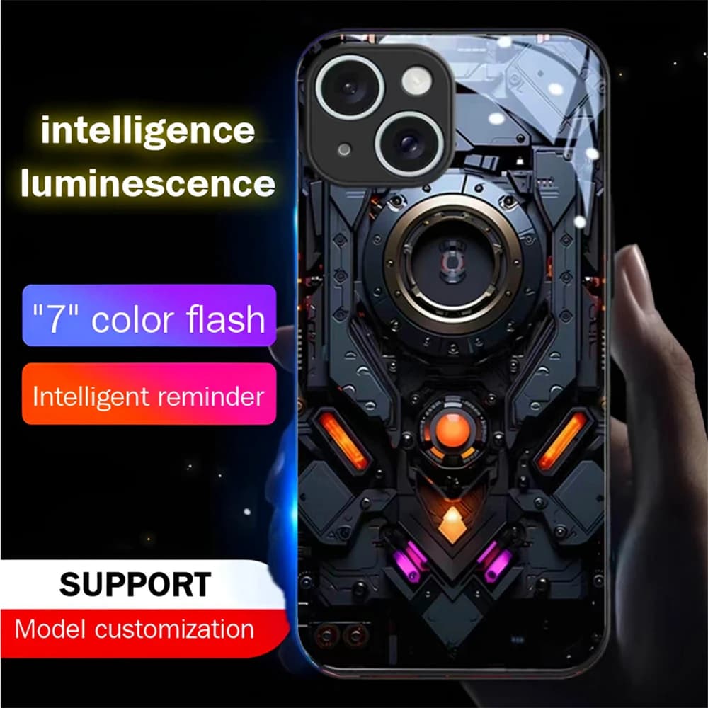 Machinery Eyes Design LED Calling Light Flash Phone Case Glitter Cover For iPhone Air 17 16 E 15 14 13 12 11 Pro Max XR XS Plus