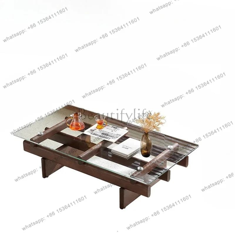 YJ French medieval style living room household small apartment rectangular ash wood gray tempered glass coffee table