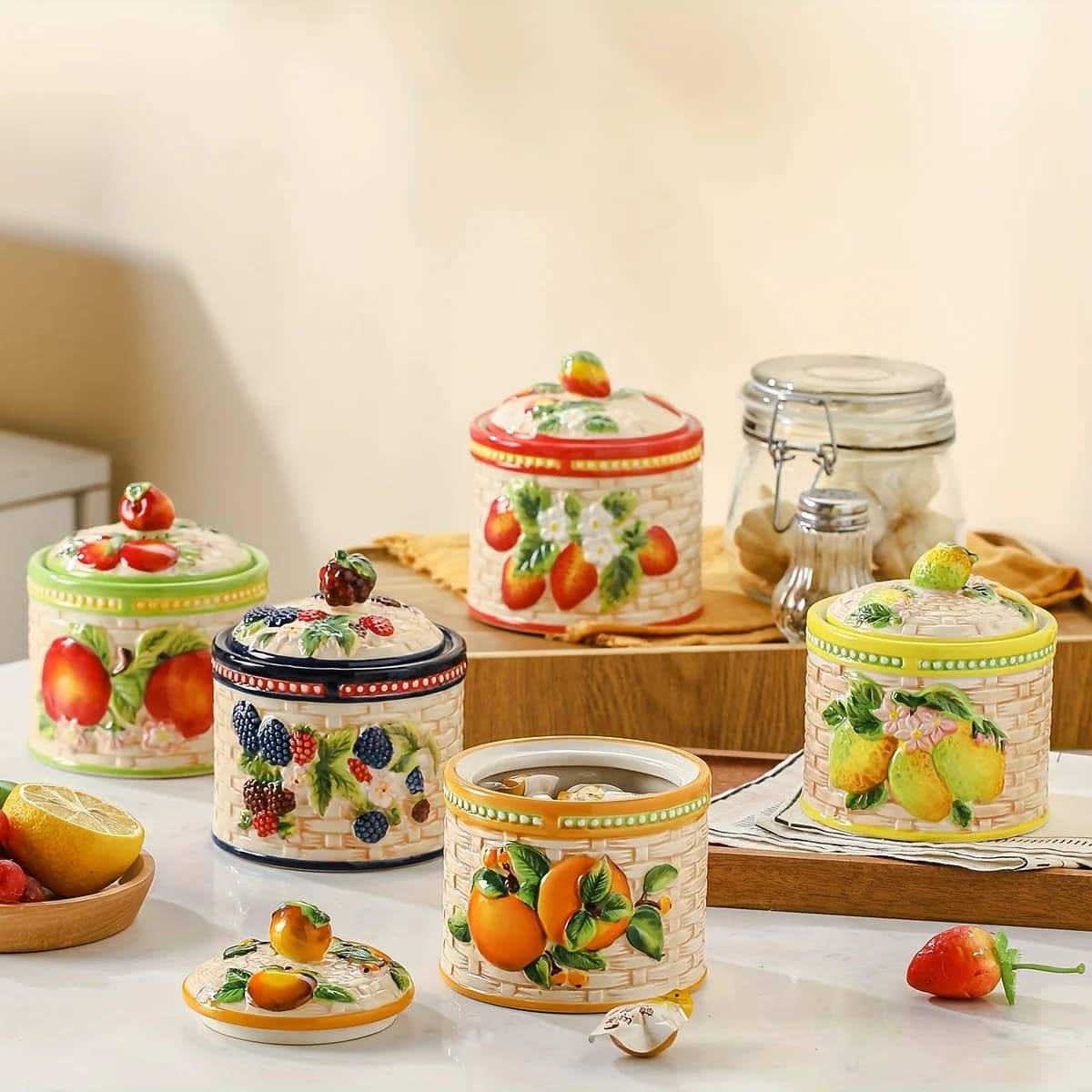Hand-Painted Fruit Ceramic Jar with Lid - 3D Pattern, Perfect for Salt, Sugar, Candy Storage & Kitchen Decor