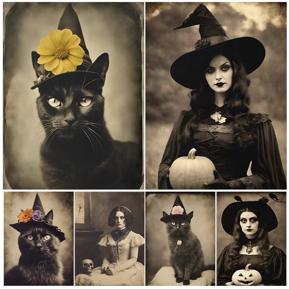 Beautiful Victorian Witch Portrait and Witchy Black Cat,Vintage Wall Art,Canvas Painting,Witch in the Forest, Poster Print Decor