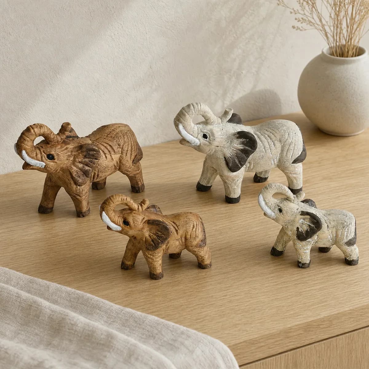 Resin Elephant Figurine Wood Carved Look Animal Statue Trunk Up Lucky Ornament Home Office Desktop Decor Gift