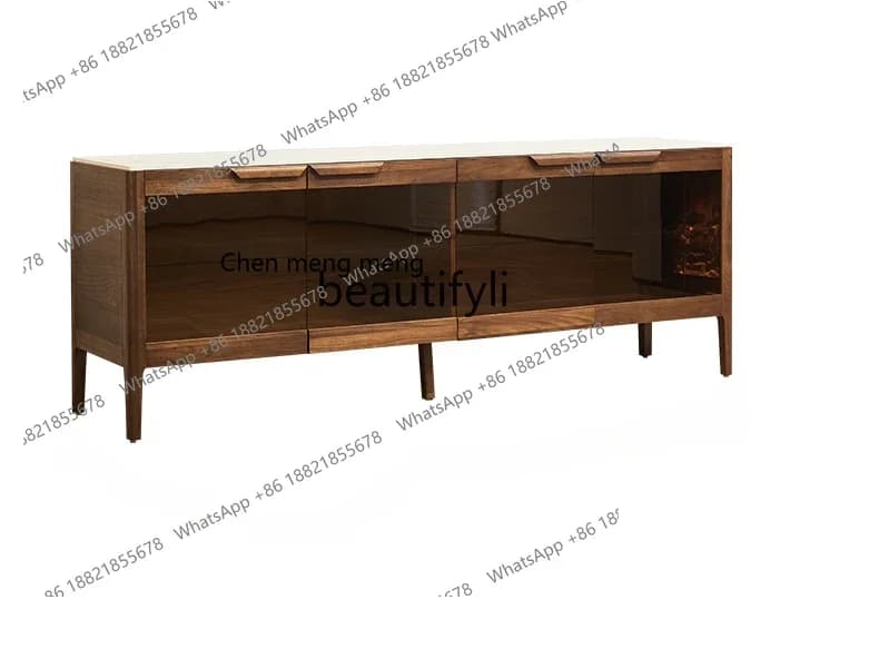 182C North America Black Walnut Stone Plate TV Cabinet Living Room Home Solid Wood Glass Storage Cabinet Integrated Storage Cabi