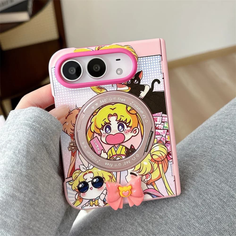 Fashion Korea Cute Cartoon Magnetic Rotating Bracket Phone Case For iPhone Duo Kawaii 3D Bowknot Hard Protective Cover Funda