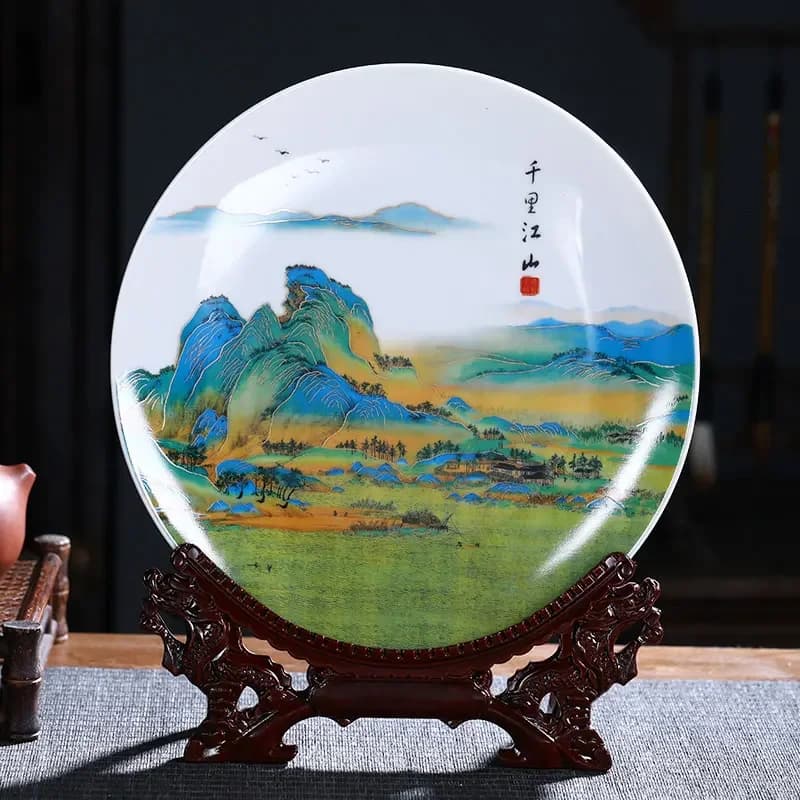 Jingdezhen Ceramics Thousand li Landscape Decoration Plate Hanging Plate Sitting Plate Living Room Chinese Style Ornaments