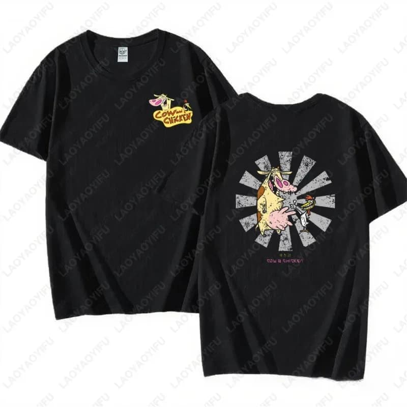 Cow Chicken Cartoon Character Unisex Cotton TShirt Vintage Nostalgia Classics Pattern Print Tops Women Men Cute Streetwear Tees