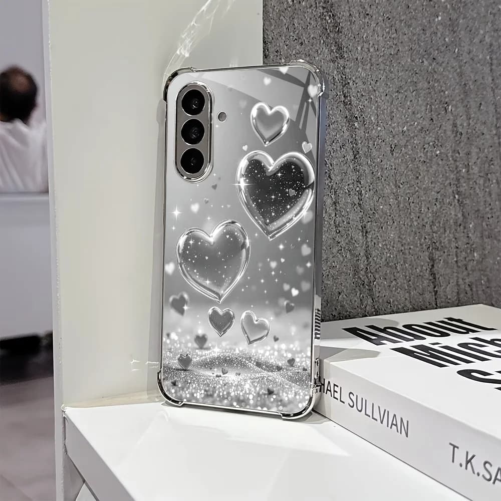 Elegant Silver Electroplated Frame Heart Glass Phone Case for Samsung Galaxy S26 S25 S24 S23 S22 S21 Ultra FE Plus Anti-Drop
