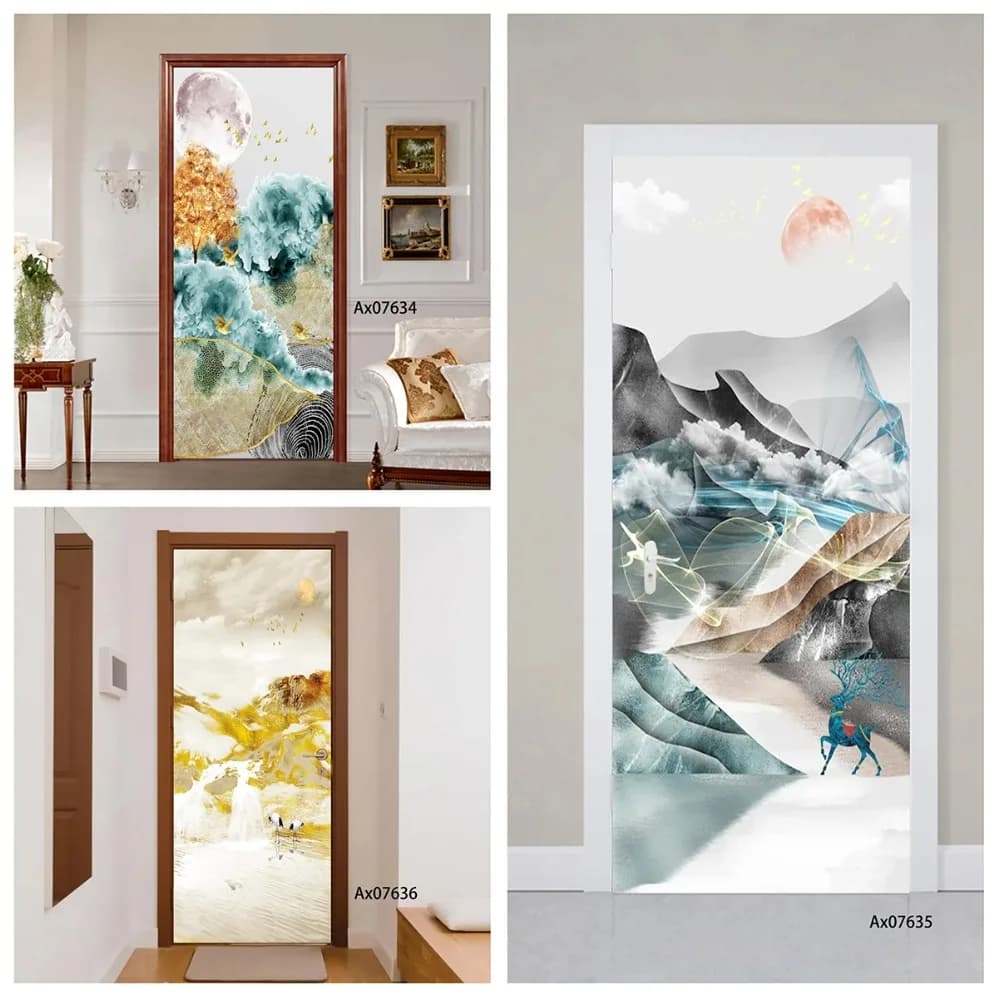 Modern Oriental Mountain Deer Door Sticker, Self Adhesive New Chinese Zen Vertical Door Mural for Home Wallpaper Decoration