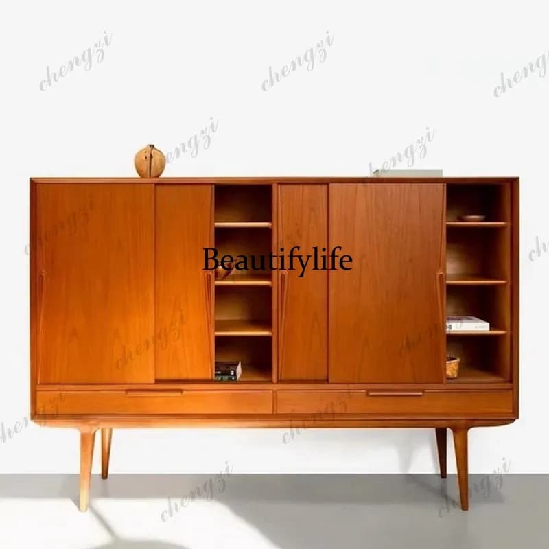 Medieval solid wood dining side cabinet Nordic teak high side cabinet Large storage cabinet