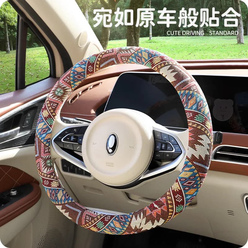 New Car Steering Wheel Cover Linen Ethnic Style Non-slip Wear-resistant Decorative Handle Cover Round Double D Type Special Car