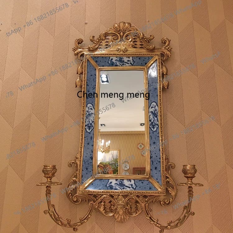 Neoclassical retro copper with porcelain decorative mirror villa living room bedroom blue and white wall decoration mirror