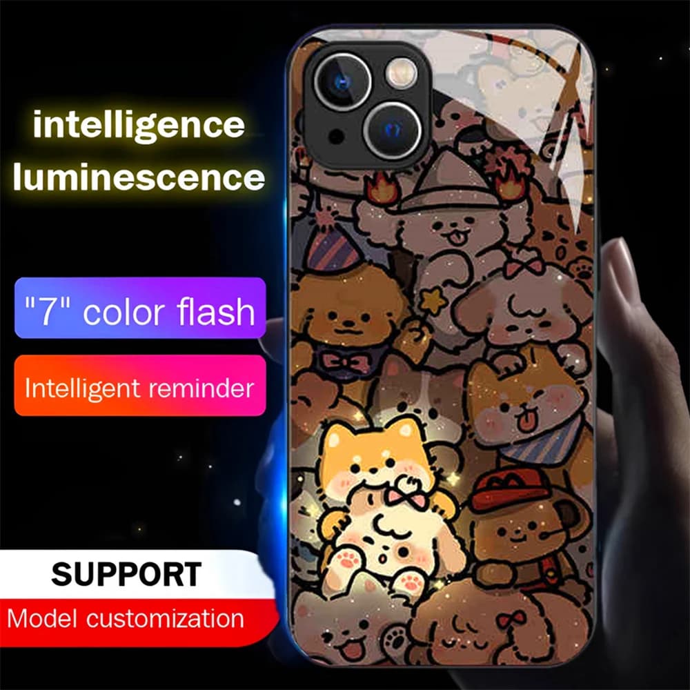 Naughty Corgi Design Luminous Glass LED Call Light Up Flash Phone Case For iPhone Air 17 16 E 15 14 13 12 11 Pro Max Plus