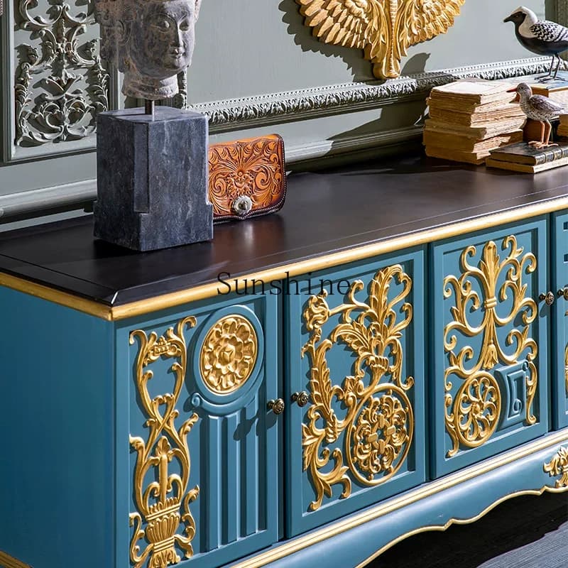 French solid wood carving flower gold TV cabinet high-end, retro porch storage, high large apartment villa