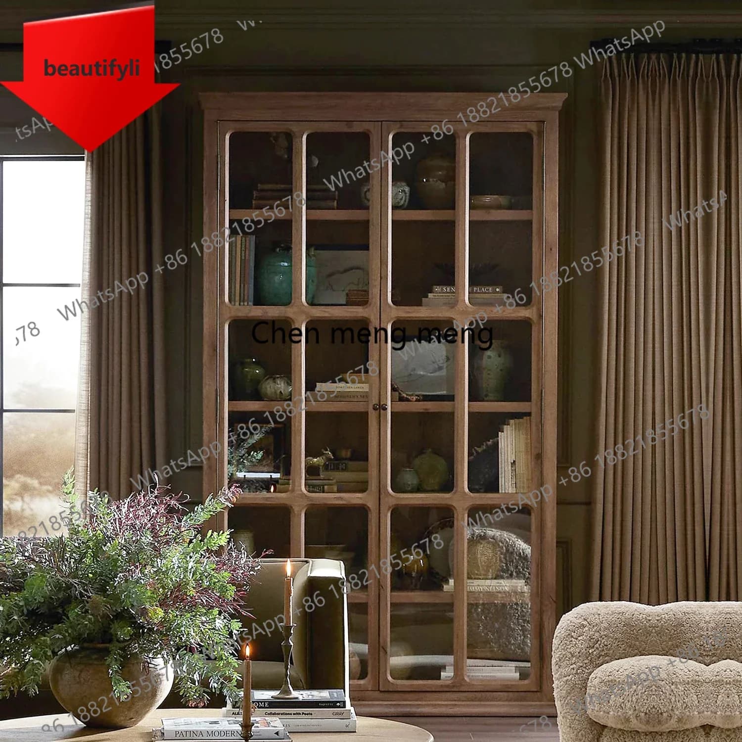 Q181  American rural solid wood bookcase living room display cabinet French retro study wall glass bookshelf
