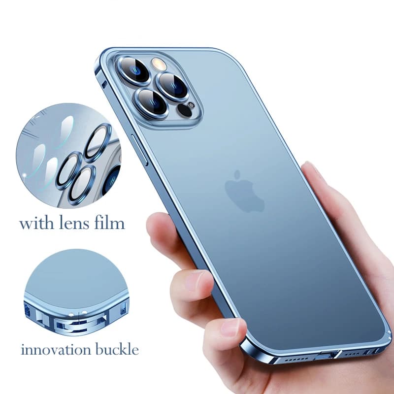 Luxury Aluminum Phone Case For IPhone 14 12 13 Pro Max Plus Metal Frame Full Lens Ring Glass Matte Translucent Back Panel Cover