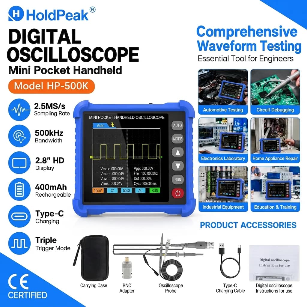 HoldPeak 500K Mini Pocket Oscilloscope 500kHz 2.5MS/s 2.8" LCD ±400V One-Key Auto for Repair Education