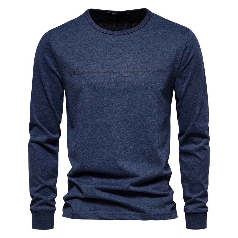 New high-quality men's pure cotton long-sleeved T-shirt, with letter embossed pattern, round neck, casual top, spring style。