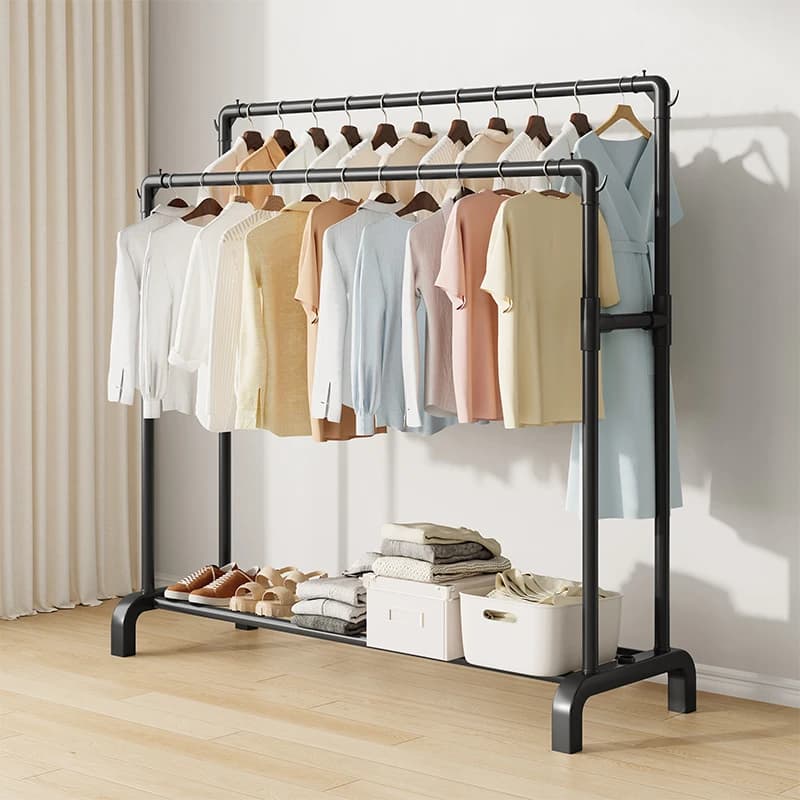 New Design Floor-Standing Metal Cloth Rack with PP Bottom Indoor/Outdoor Rust-proof Double Rod Coat Stand Clothes Drying