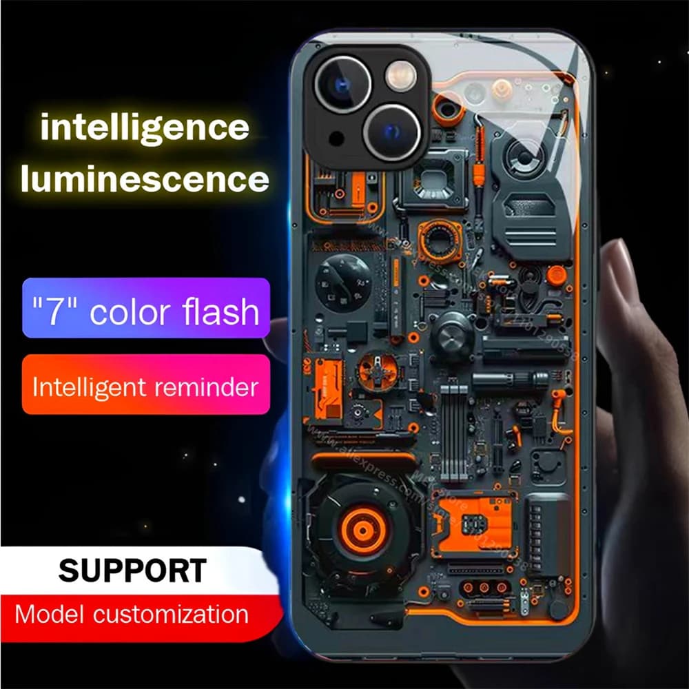 Luxury Orange Chip Circuit Smart LED Light Glow Tempered Glass Phone Case For iPhone Air 17 16 E 15 14 13 12 11 Pro Max Plus